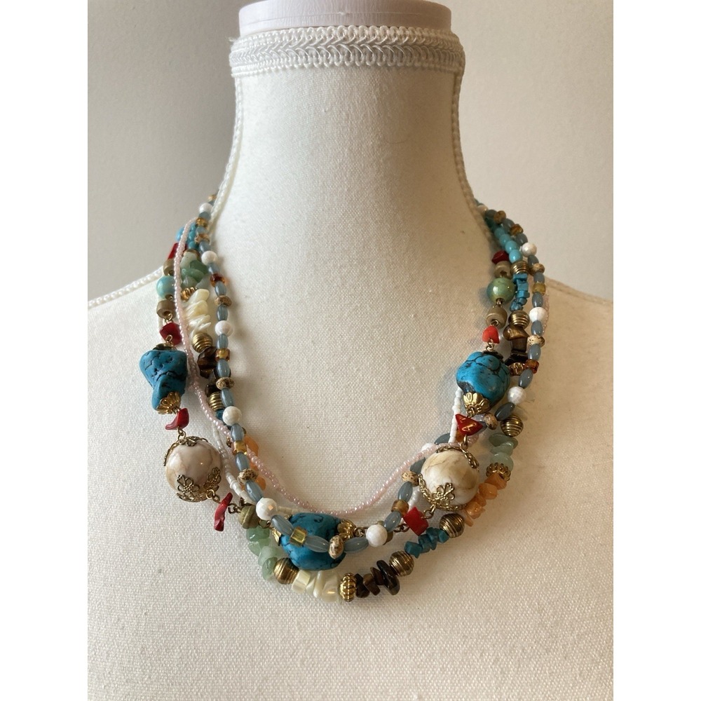 EsMor Multi Strand Beaded Necklace Faux Turquoise Shell Boho Beachy Coastal‎